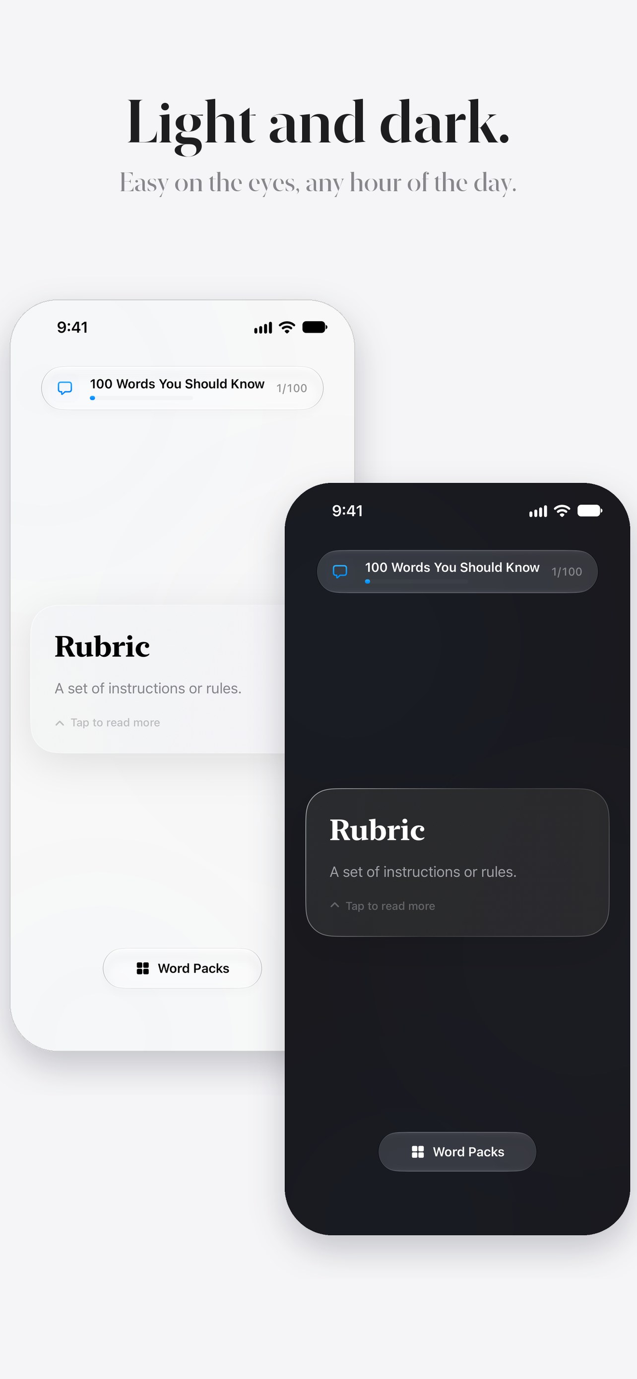 100 Words in light and dark mode