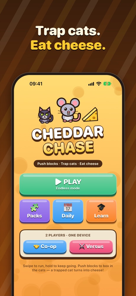 The Cheddar Chase home screen with Play, Packs, Daily, Learn, Co-op and Versus