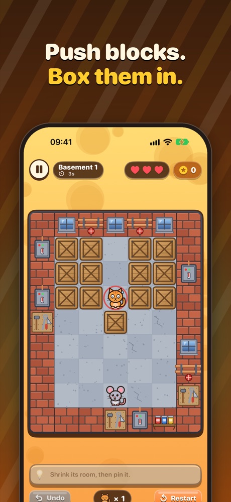 A Basement level: push crates to box in the orange cat