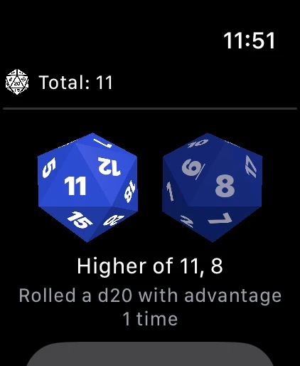 Two d20 rolled with advantage, one die fading out