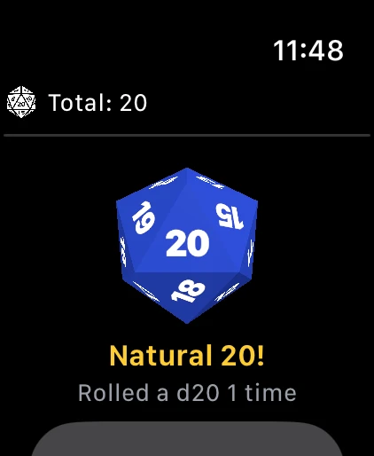 A natural 20 on the d20, with a golden Natural 20! label