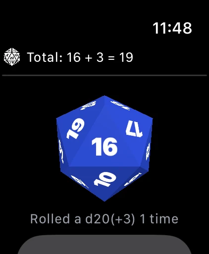 A blue 3D d20 showing a roll
