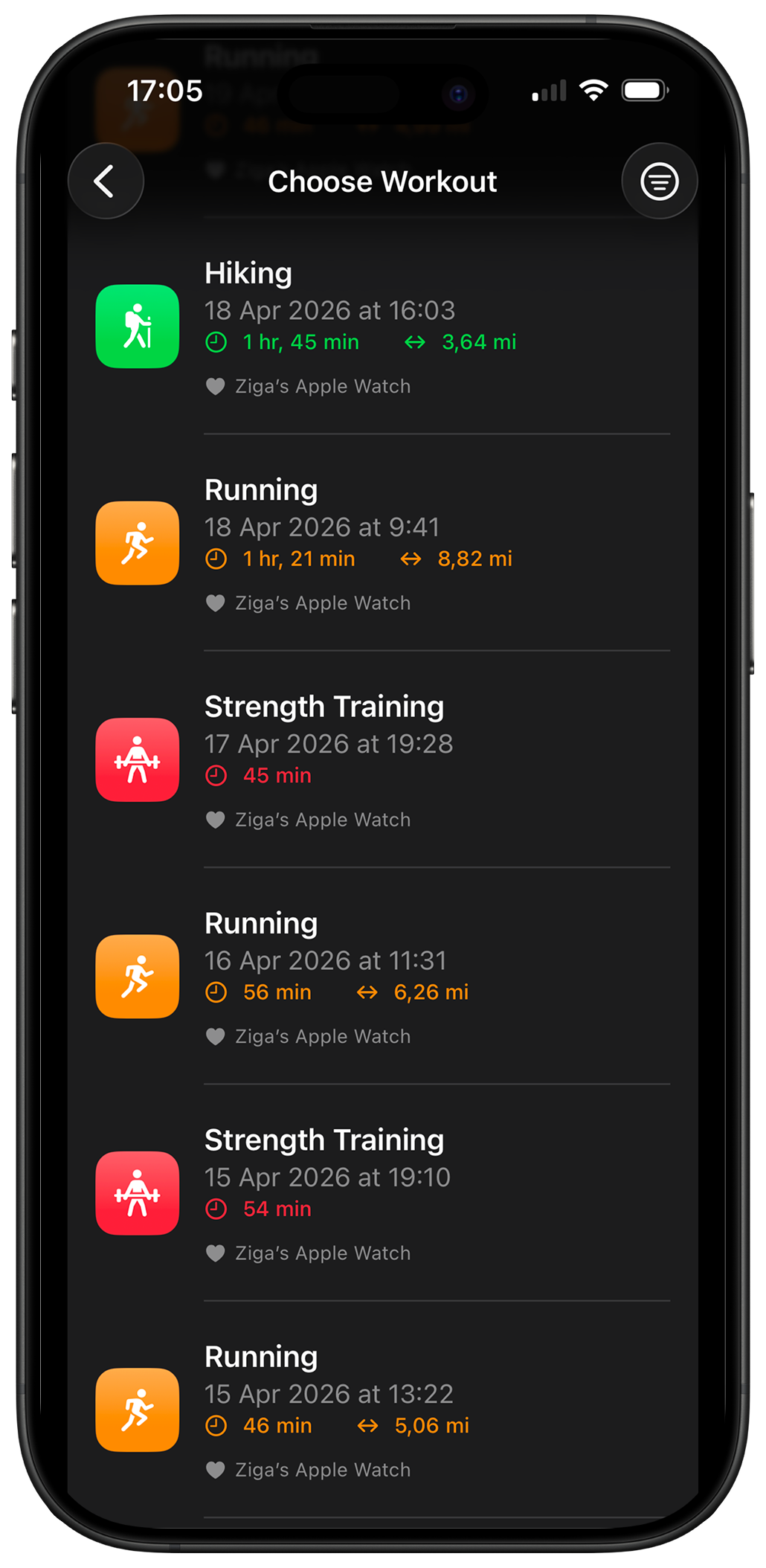 HealthPatch choose workout screen with Apple Health workouts