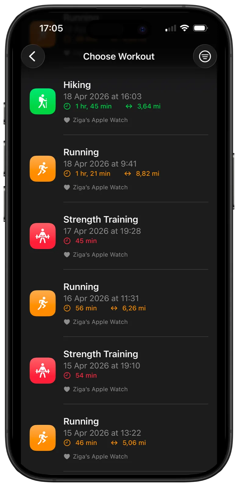 HealthPatch choose workout screen with Apple Health workouts