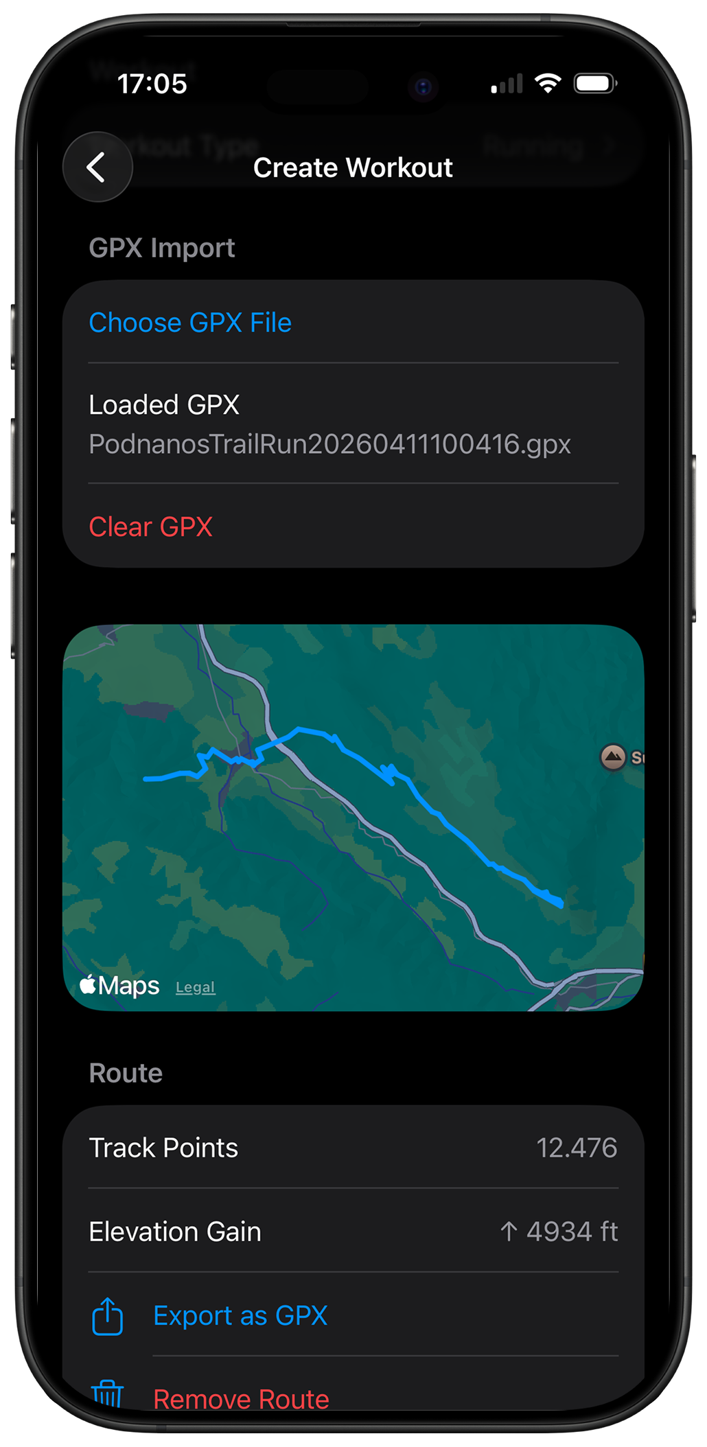 Create Workout screen showing GPX import, route map, track points, and elevation gain