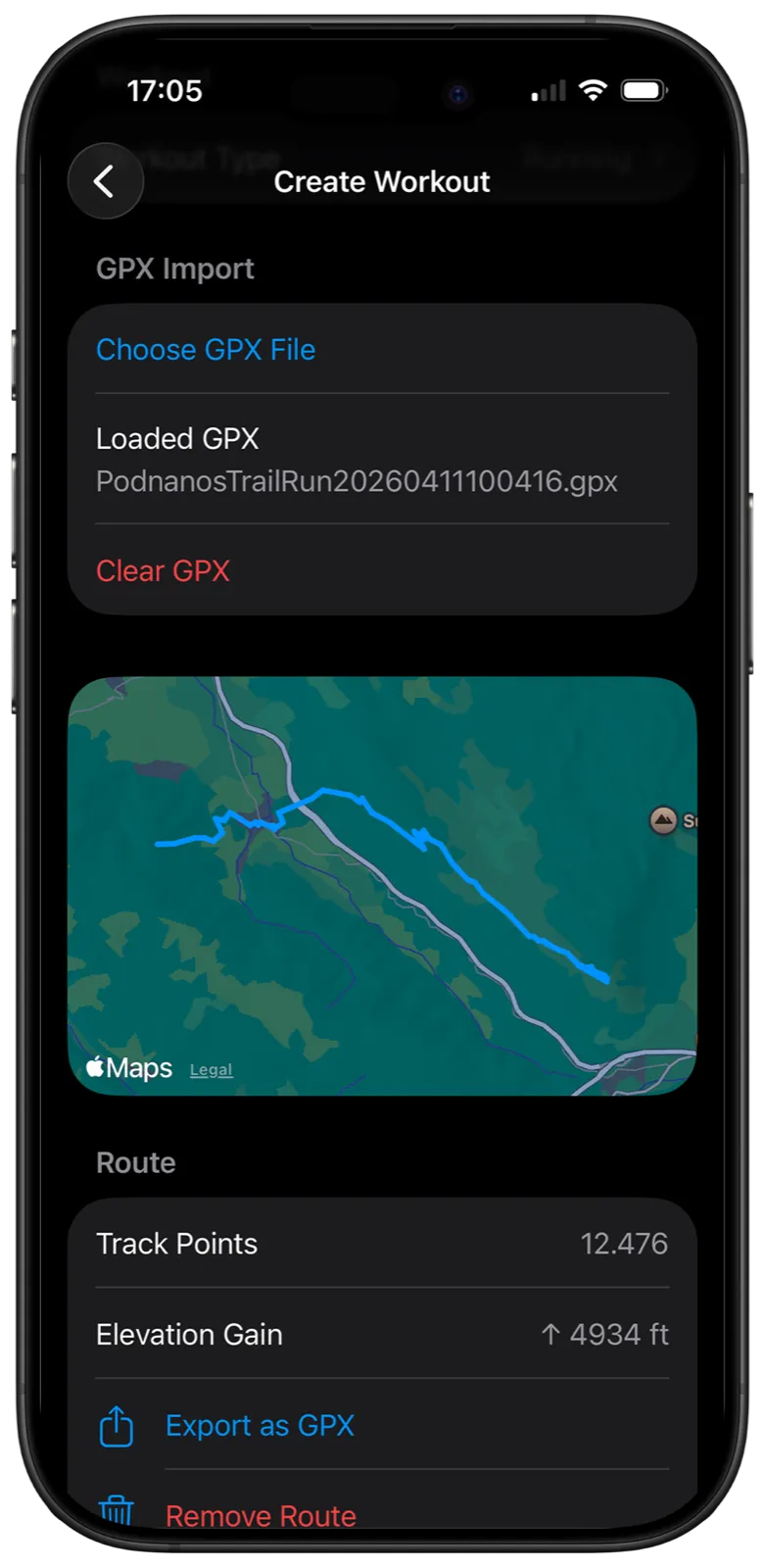 Create Workout screen showing GPX import, route map, track points, and elevation gain