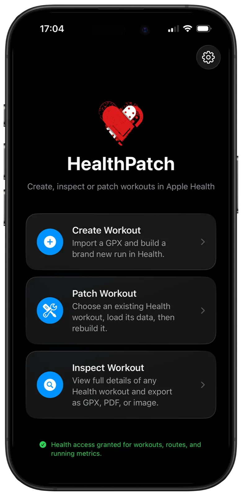 HealthPatch home screen with create, patch, and inspect workout actions