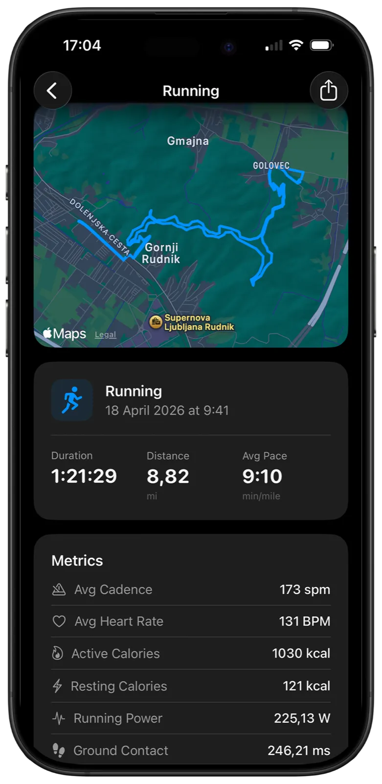 Workout inspection screen with route map and workout metrics