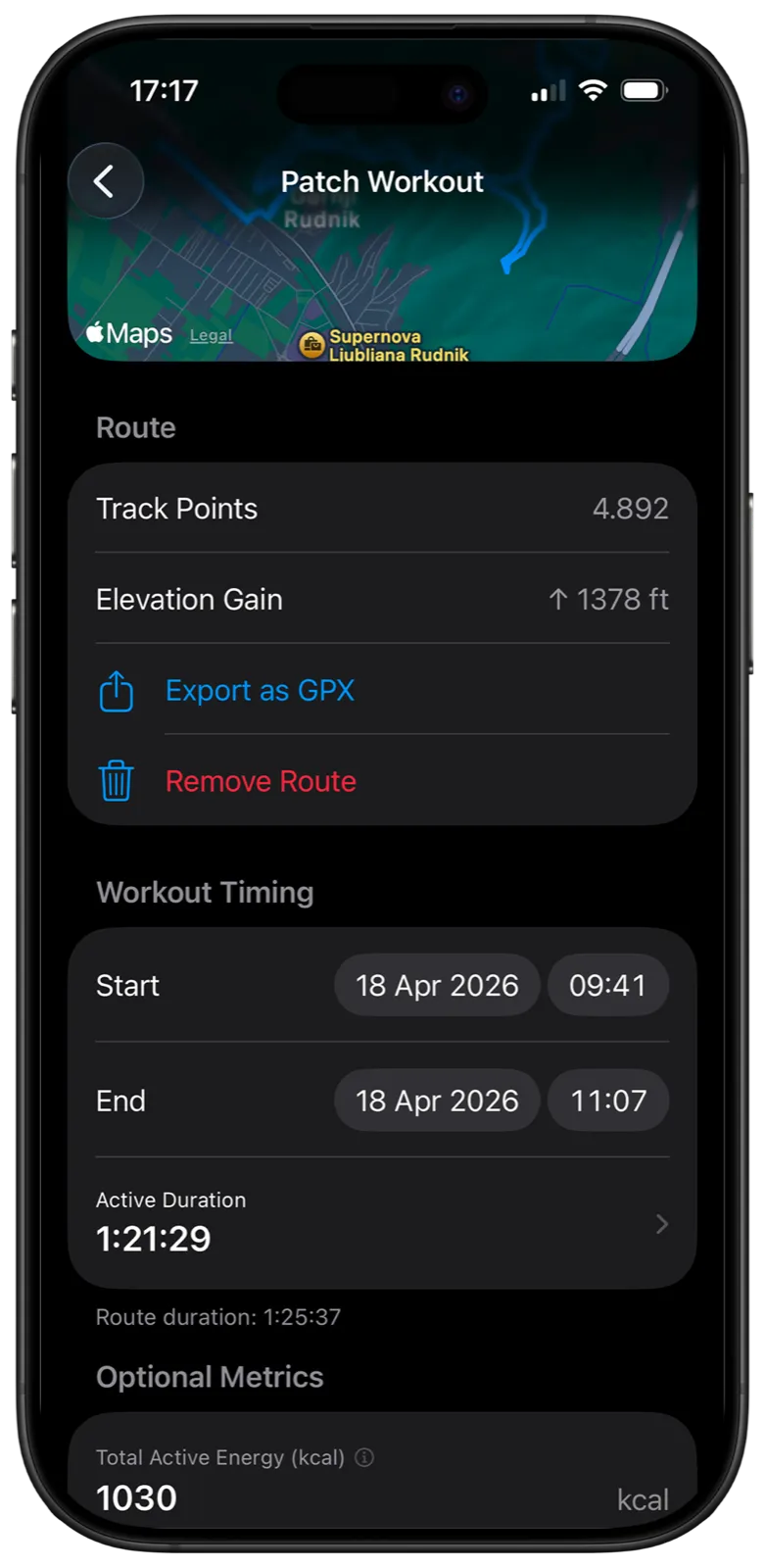 Patch Workout screen showing route data, elevation gain, GPX export, and workout timing