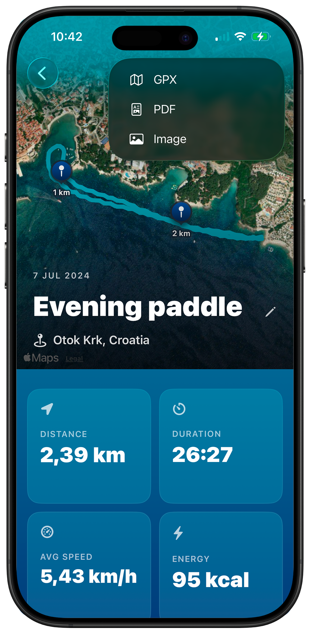 Workout detail export menu with GPX, PDF, and image options