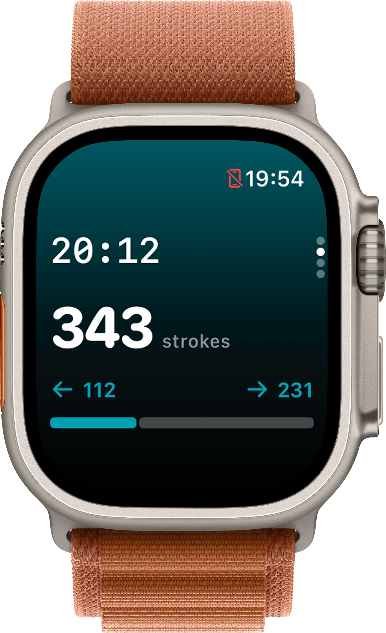 Apple Watch stroke analytics screen showing stroke count and balance