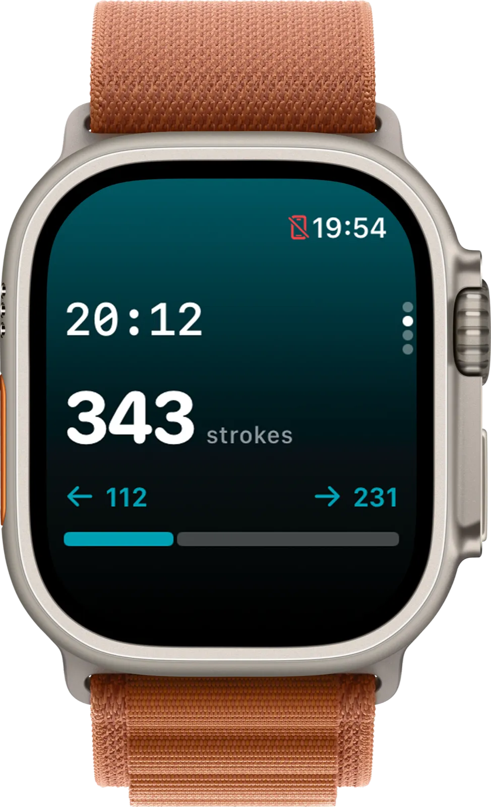 Apple Watch stroke analytics screen showing stroke count and balance