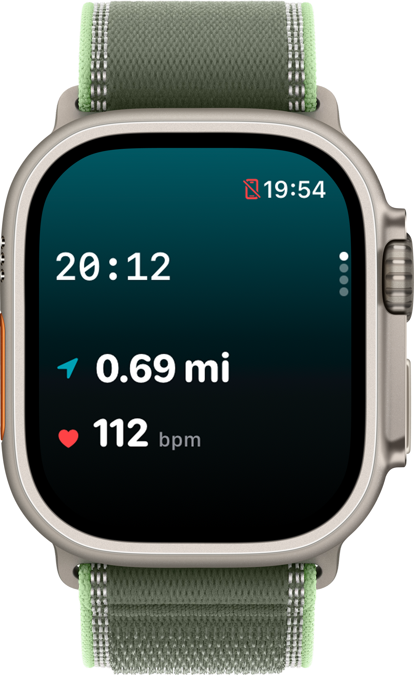 Apple Watch live workout screen with distance and heart rate