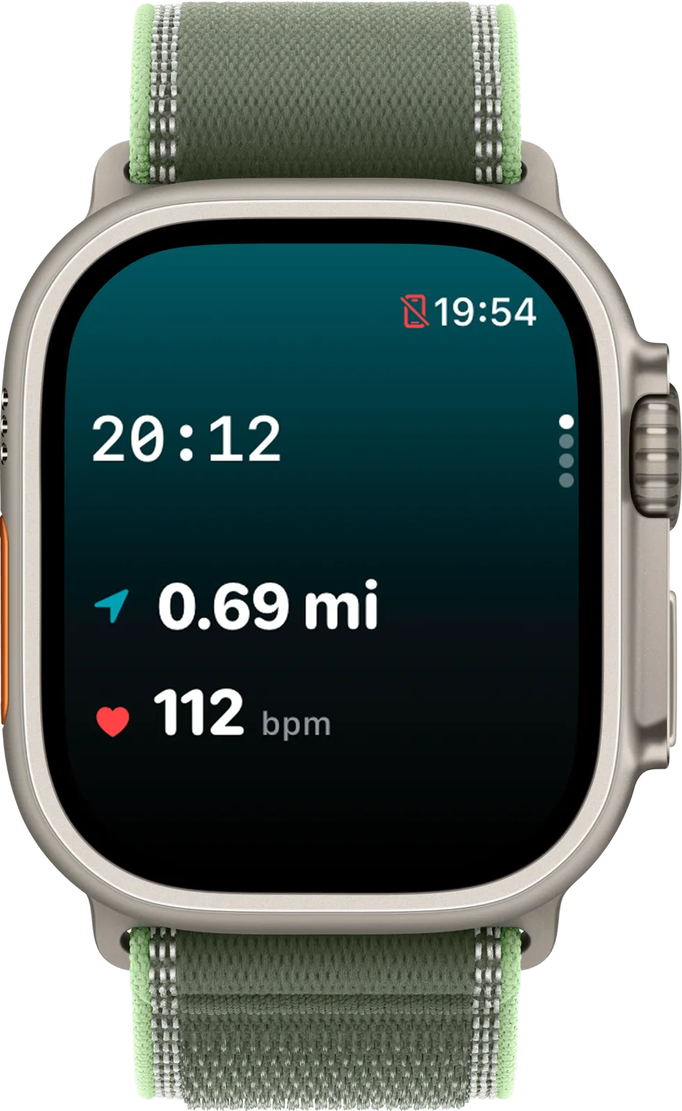 Apple Watch live workout screen with distance and heart rate
