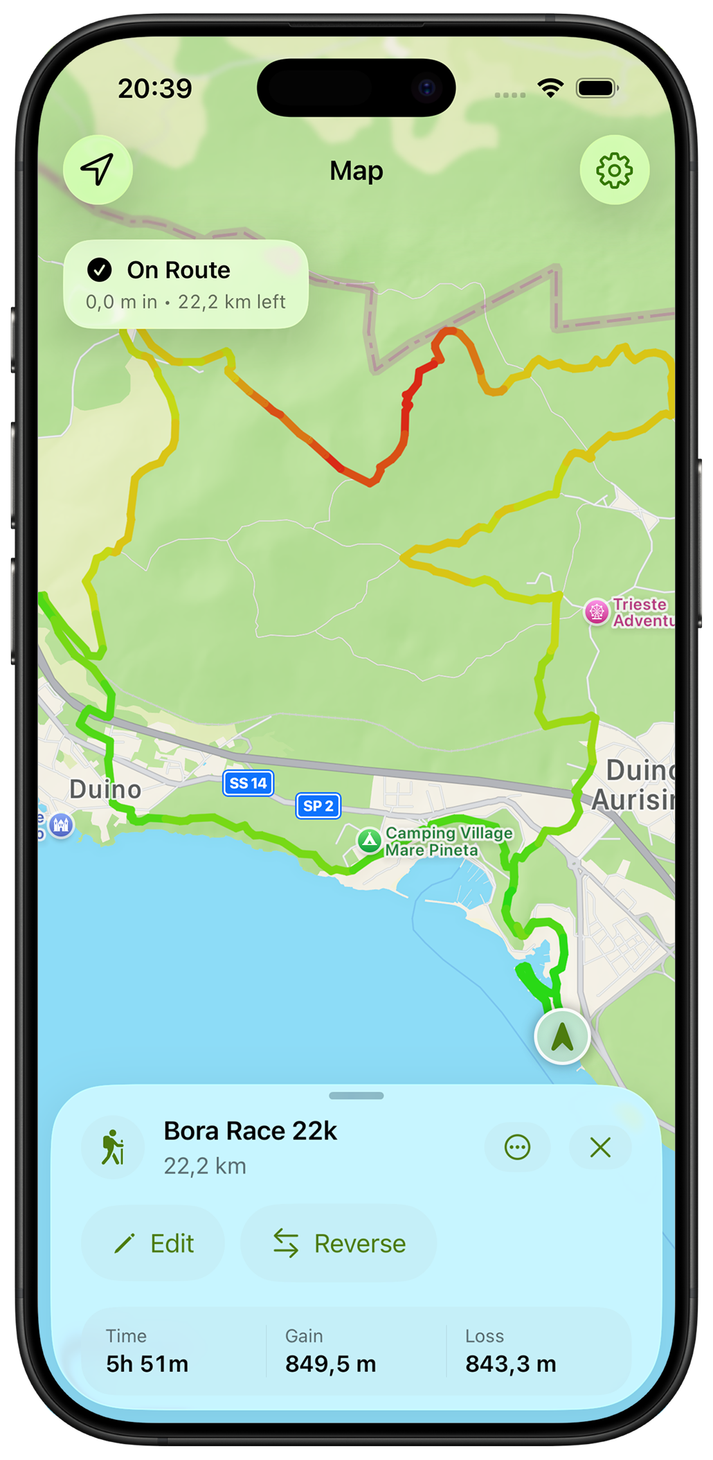 TrailMapper showing your current position on a GPX route