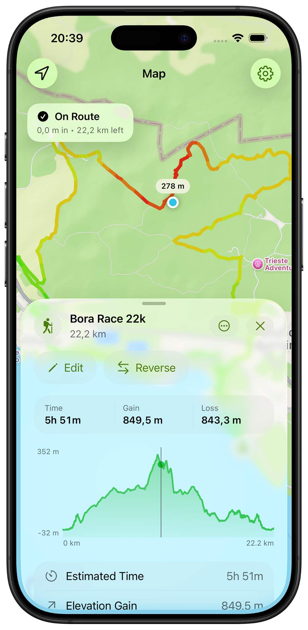 TrailMapper elevation profile with climb marker and elevation stats