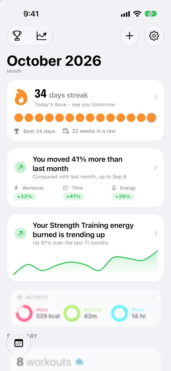 Workout SUM home screen in light mode