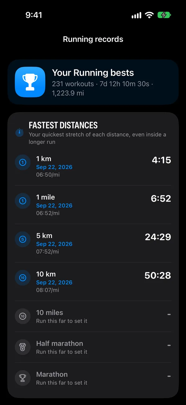 Running records screen with fastest distances