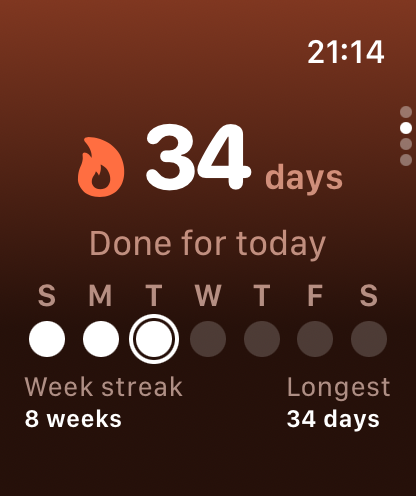 Workout SUM on Apple Watch showing a 34 day streak