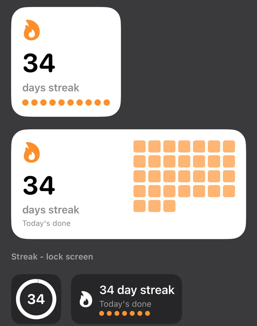 Workout SUM streak widgets for the Home Screen and Lock Screen